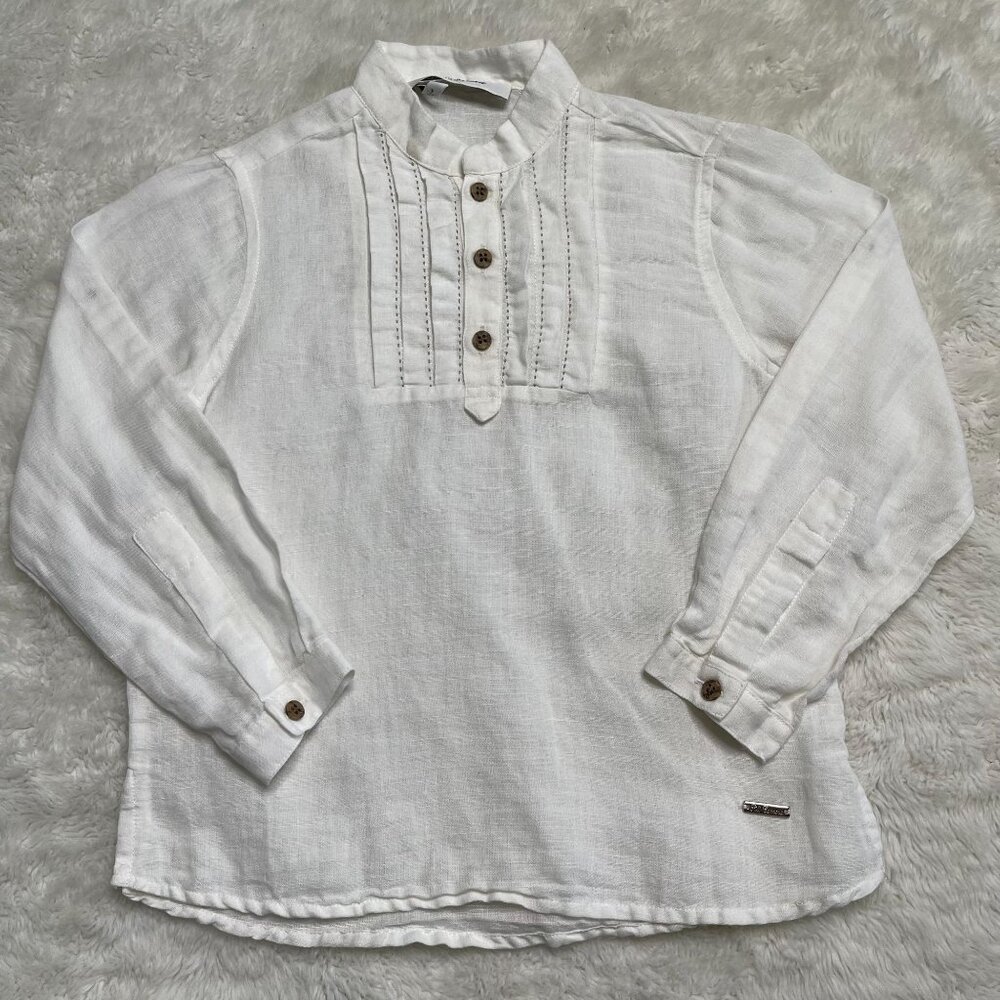 Pili Carrera Kid's White 1/2 Button Down Long Sleeve Linen Cotton Shirt Size 5